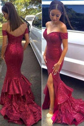 Glittering  Sequined Mermaid Off Shoulder Prom Dresses, Evening Dresses